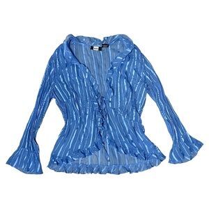 Blue Satin Striped Ruffle Top